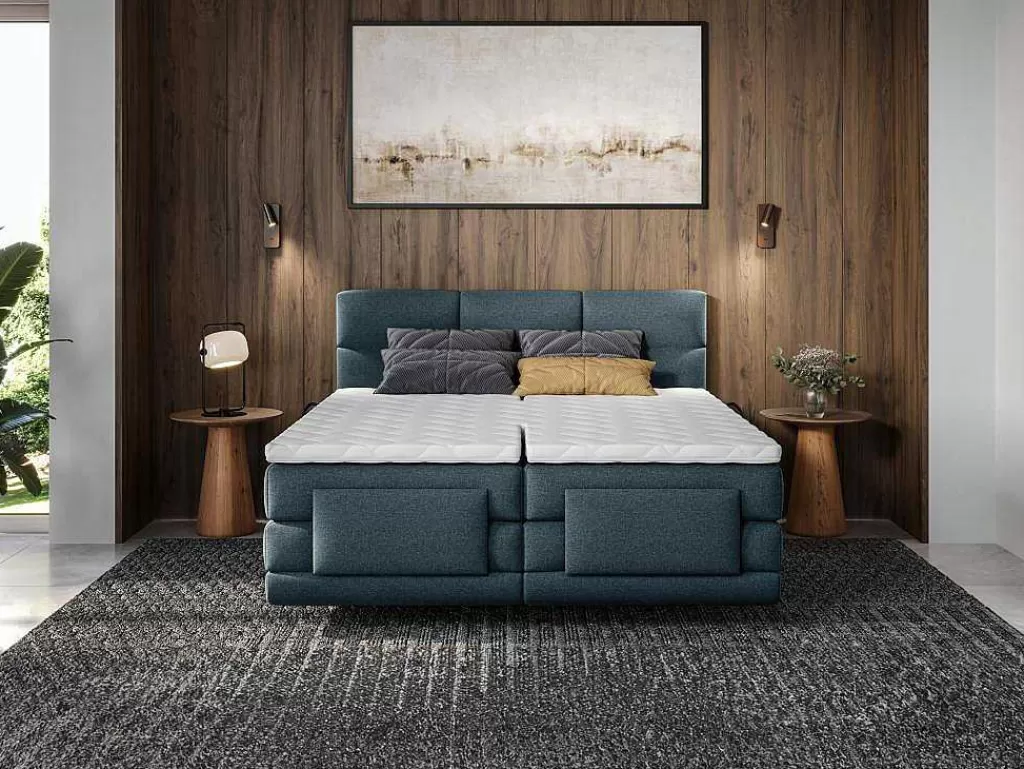 Cama Articulada*Palacio Conjunto Completo Boxspring Cabeceira De Cama Acolchoada + Sommiers Articulados Eletricos + Colchão + Sobrecolchão 2X80X200 Cm Tecido Azul - Lodi De
