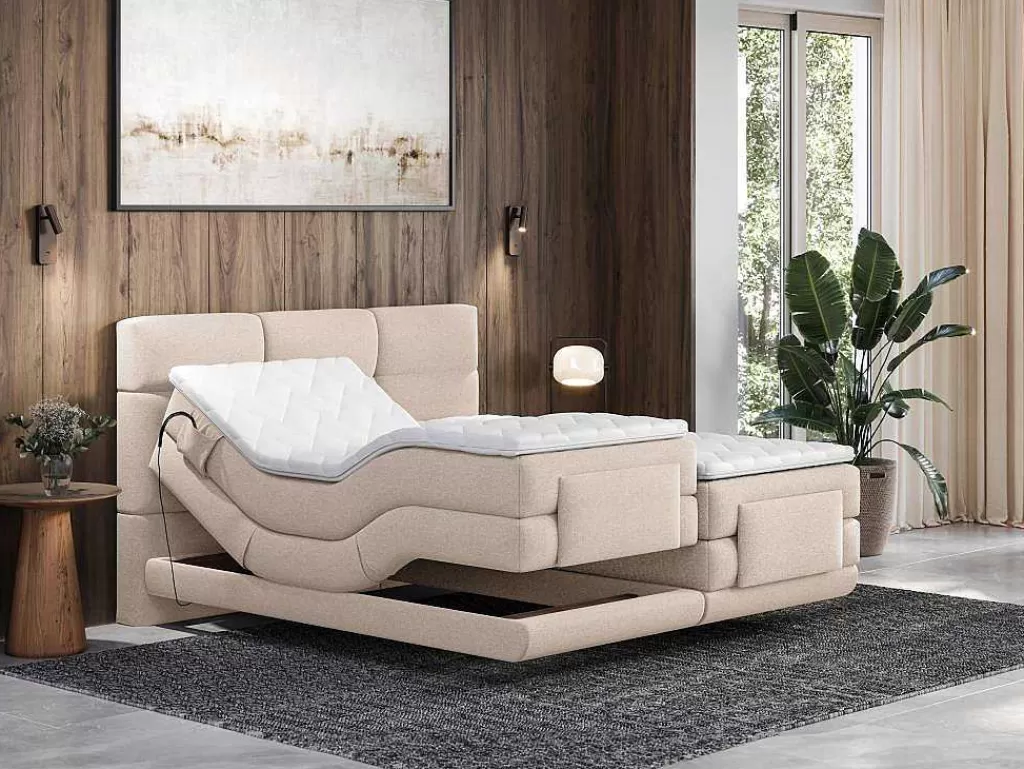 Cama De Adulto*Palacio Conjunto Completo Boxspring, Cabeceira De Cama Acolchoada + Sommiers Articulados Eletricos + Colchão + Sobrecolchão 2X80X200 Cm Tecido Bege - Lodi Da