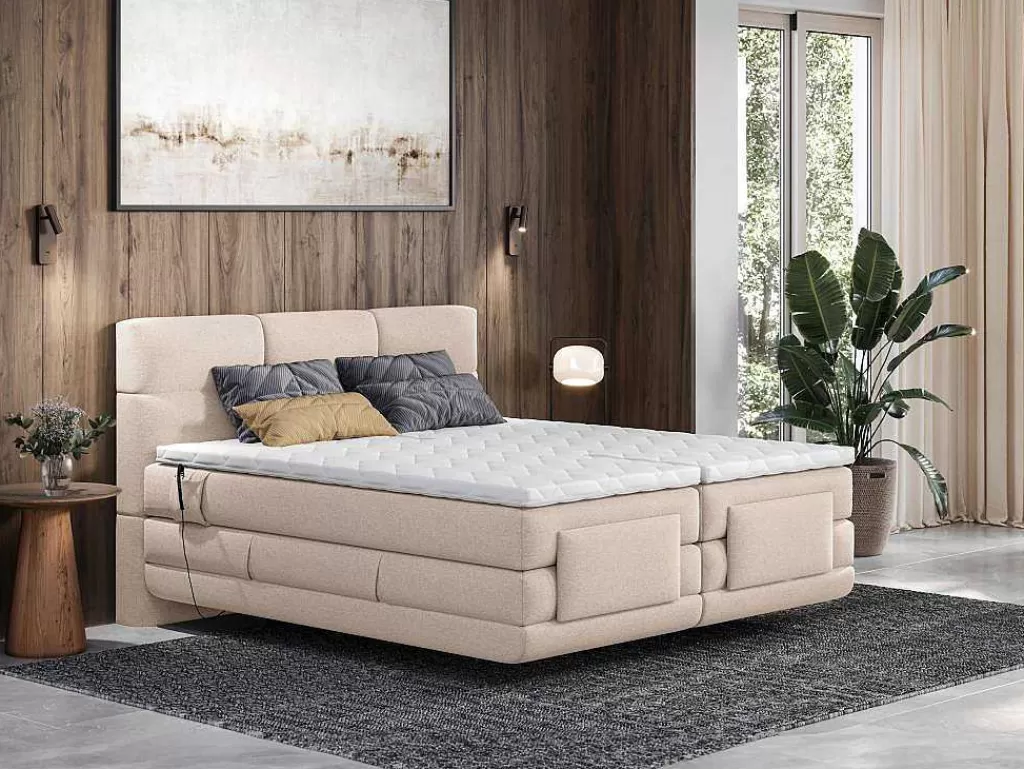 Cama De Adulto*Palacio Conjunto Completo Boxspring, Cabeceira De Cama Acolchoada + Sommiers Articulados Eletricos + Colchão + Sobrecolchão 2X80X200 Cm Tecido Bege - Lodi Da