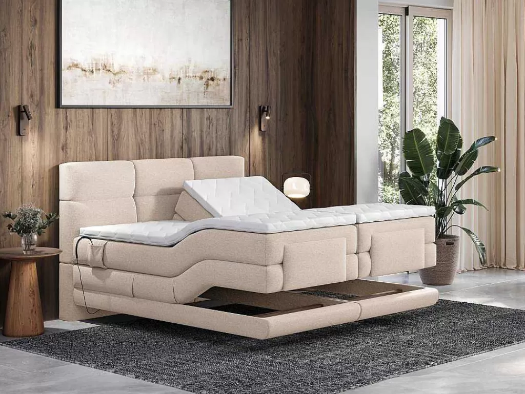 Cama De Adulto*Palacio Conjunto Completo Boxspring, Cabeceira De Cama Acolchoada + Sommiers Articulados Eletricos + Colchão + Sobrecolchão 2X80X200 Cm Tecido Bege - Lodi Da