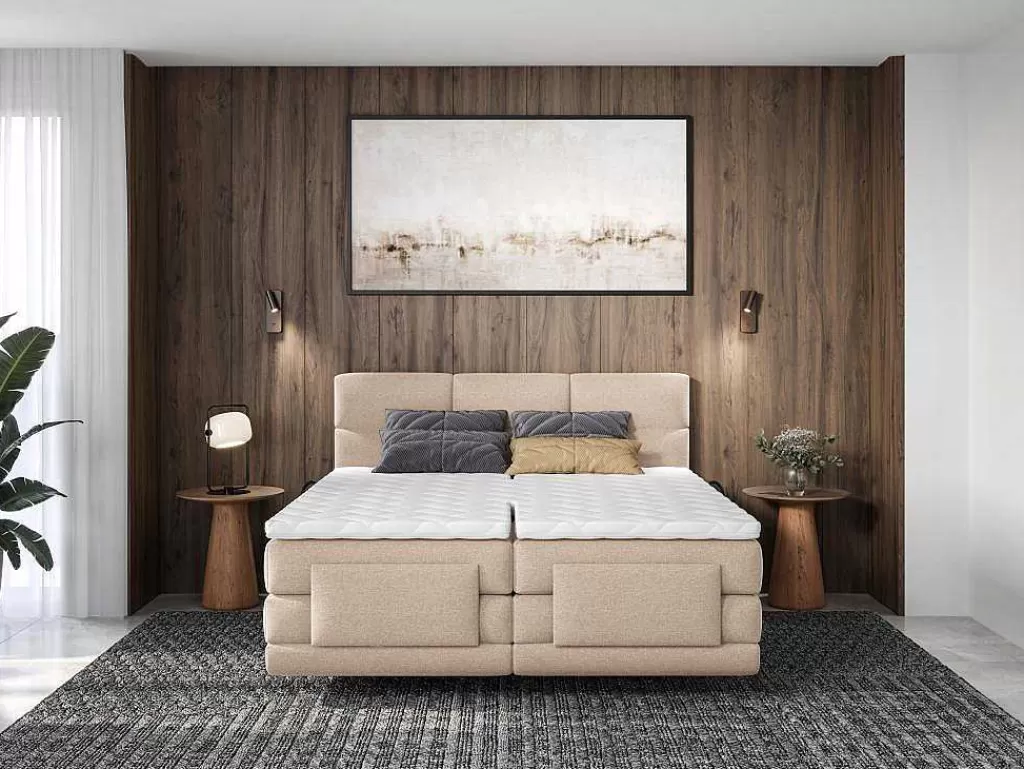 Cama De Adulto*Palacio Conjunto Completo Boxspring, Cabeceira De Cama Acolchoada + Sommiers Articulados Eletricos + Colchão + Sobrecolchão 2X80X200 Cm Tecido Bege - Lodi Da