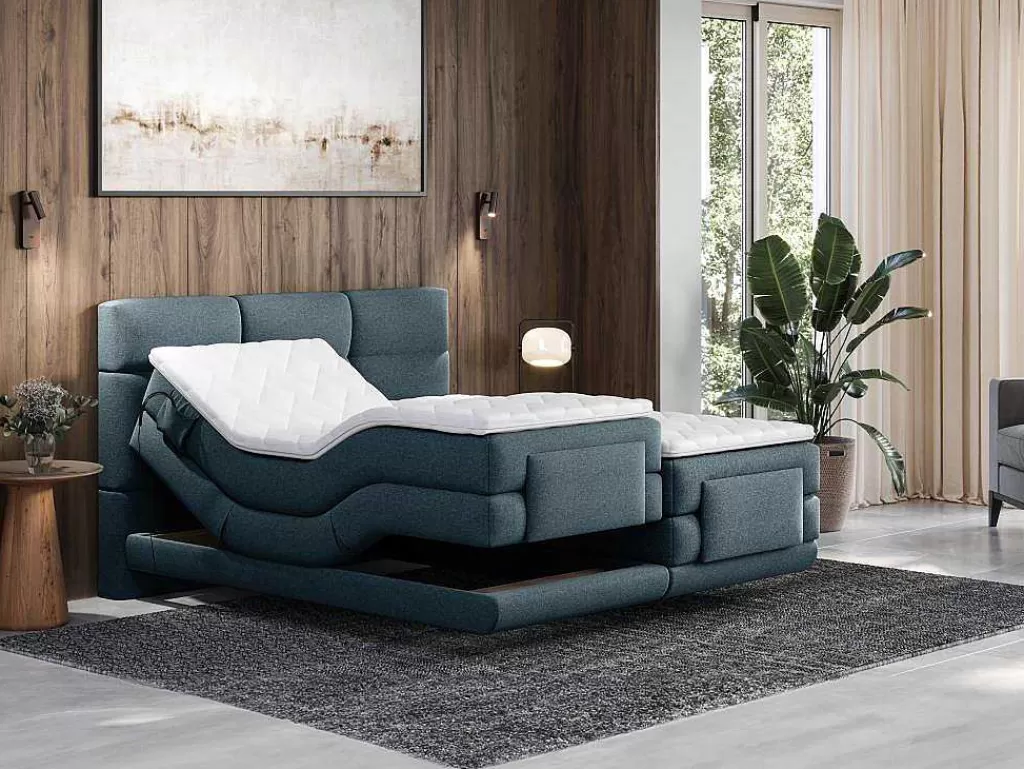 Cama Articulada*Palacio Conjunto Completo Boxspring Cabeceira De Cama Acolchoada + Sommiers Articulados Eletricos + Colchão + Sobrecolchão 2X90X200 Cm Tecido Azul - Lodi De
