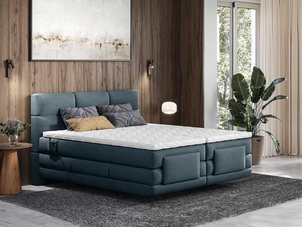 Cama Articulada*Palacio Conjunto Completo Boxspring Cabeceira De Cama Acolchoada + Sommiers Articulados Eletricos + Colchão + Sobrecolchão 2X90X200 Cm Tecido Azul - Lodi De