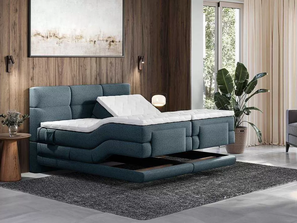 Cama Articulada*Palacio Conjunto Completo Boxspring Cabeceira De Cama Acolchoada + Sommiers Articulados Eletricos + Colchão + Sobrecolchão 2X90X200 Cm Tecido Azul - Lodi De