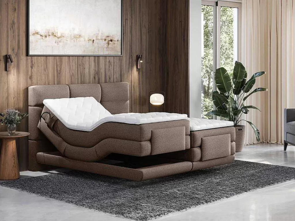 Cama Articulada*Palacio Conjunto Completo Boxspring Cabeceira De Cama Acolchoada + Sommiers Articulados Eletricos + Colchão + Sobrecolchão 2X90X200 Cm Tecido Castanho - Lodi De