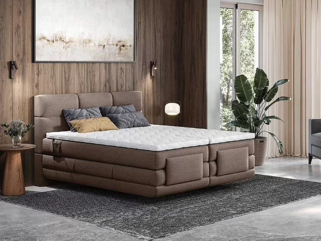 Cama Articulada*Palacio Conjunto Completo Boxspring Cabeceira De Cama Acolchoada + Sommiers Articulados Eletricos + Colchão + Sobrecolchão 2X90X200 Cm Tecido Castanho - Lodi De