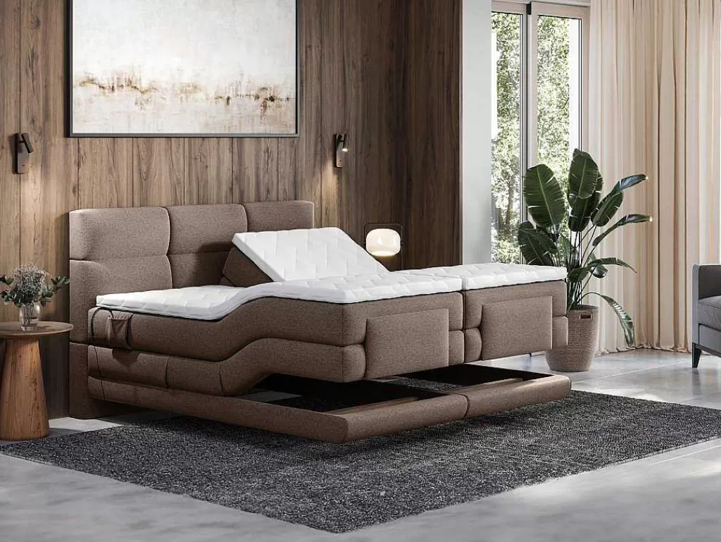 Cama Articulada*Palacio Conjunto Completo Boxspring Cabeceira De Cama Acolchoada + Sommiers Articulados Eletricos + Colchão + Sobrecolchão 2X90X200 Cm Tecido Castanho - Lodi De