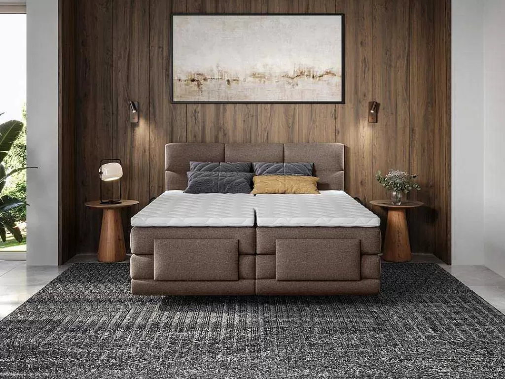 Cama Articulada*Palacio Conjunto Completo Boxspring Cabeceira De Cama Acolchoada + Sommiers Articulados Eletricos + Colchão + Sobrecolchão 2X90X200 Cm Tecido Castanho - Lodi De