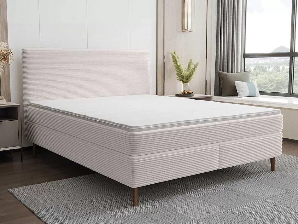 Cama Boxspring, Cama Continental*Ysmée Conjunto Completo Boxspring Com Cabeceira + Sommier + Colchão + Sobrecolchão 160 X 200 Cm Veludo Canelado Bege - Nara De Ysmee