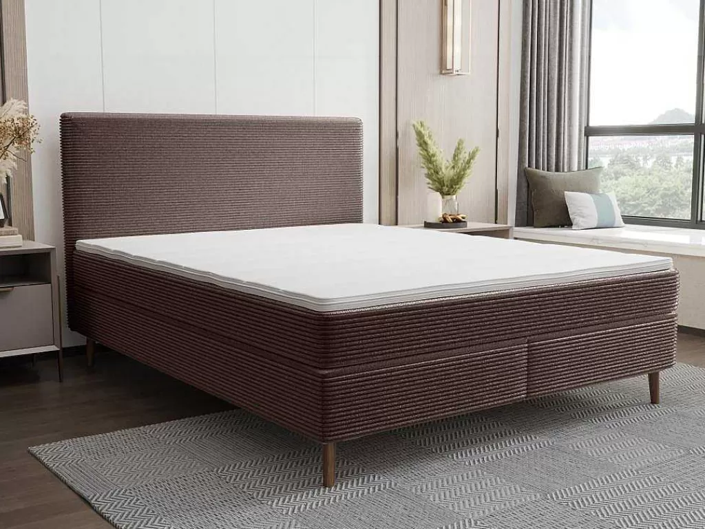 Cama Boxspring, Cama Continental*Ysmée Conjunto Completo Boxspring Com Cabeceira + Sommier + Colchão + Sobrecolchão 160 X 200 Cm Veludo Canelado Castanho - Nara De Ysmee