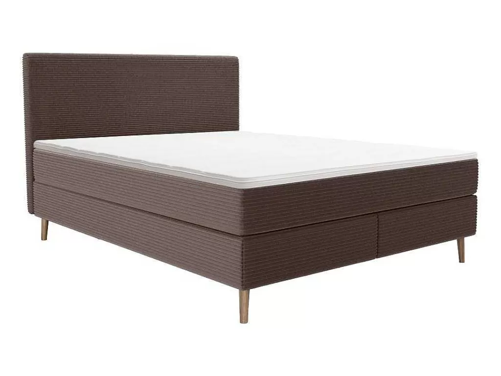 Cama Boxspring, Cama Continental*Ysmée Conjunto Completo Boxspring Com Cabeceira + Sommier + Colchão + Sobrecolchão 160 X 200 Cm Veludo Canelado Castanho - Nara De Ysmee