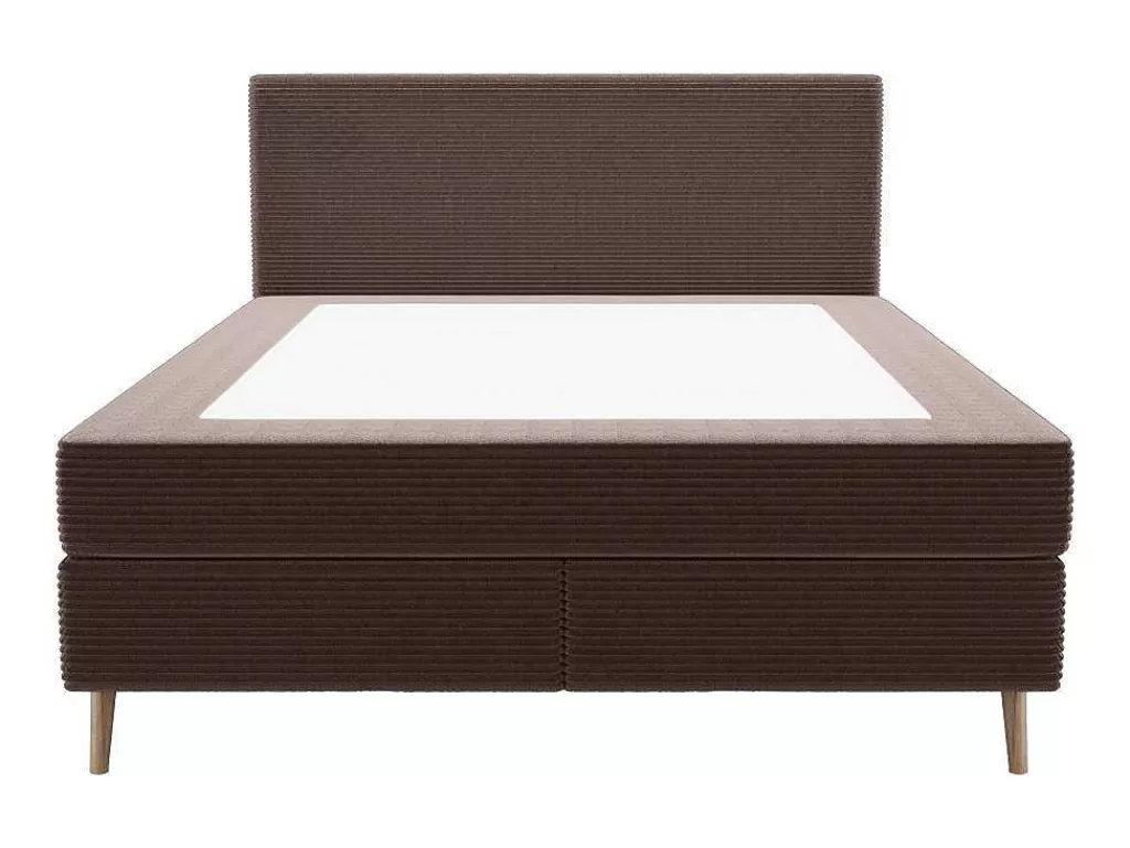 Cama Boxspring, Cama Continental*Ysmée Conjunto Completo Boxspring Com Cabeceira + Sommier + Colchão + Sobrecolchão 180 X 200 Cm Veludo Canelado Castanho - Nara De Ysmee