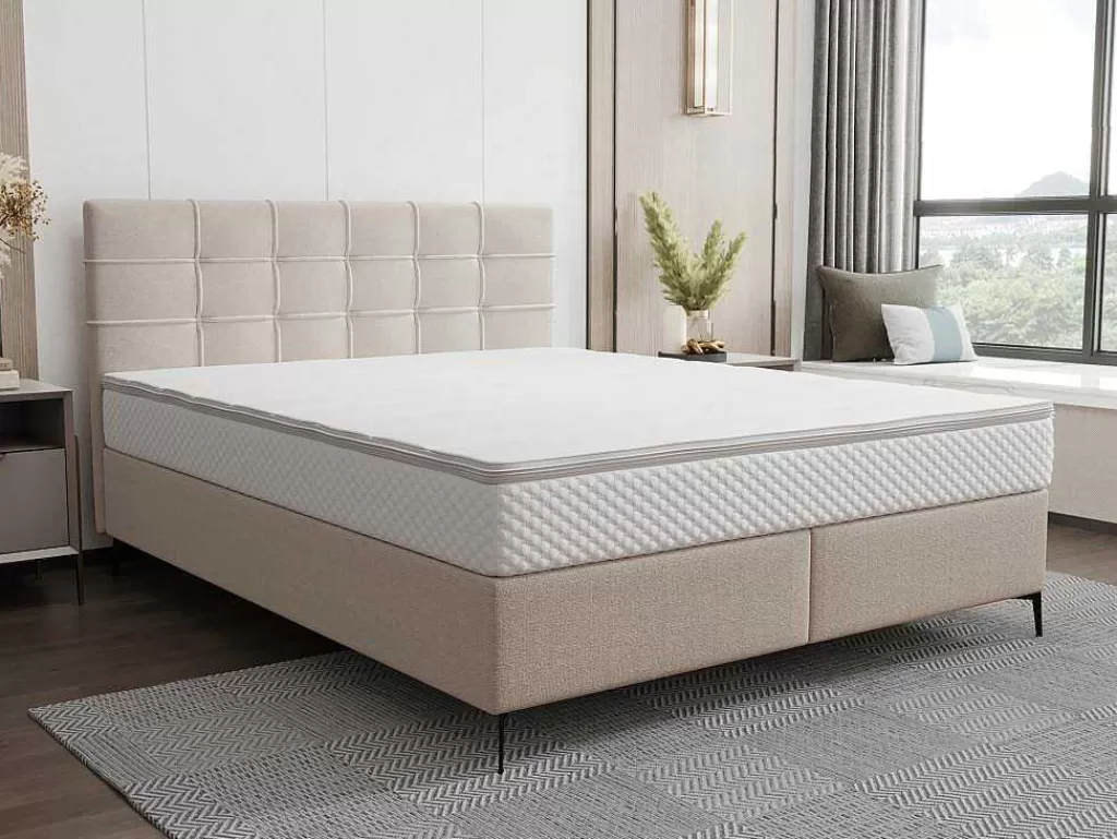 Cama Boxspring, Cama Continental*Ysmée Conjunto Completo Boxspring Com Cabeceira Estofada + Sommier + Colchão + Sobrecolchão 180 X 200 Cm Tecido Bege - Inao De Ysmee