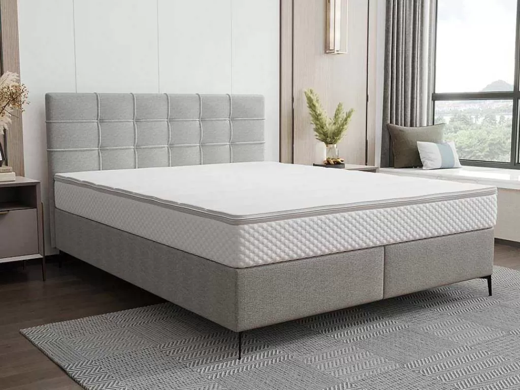 Cama Boxspring, Cama Continental*Ysmée Conjunto Completo Boxspring Com Cabeceira Estofada + Sommier + Colchão + Sobrecolchão 180 X 200 Cm Tecido Cinza-Claro - Inao De Ysmee