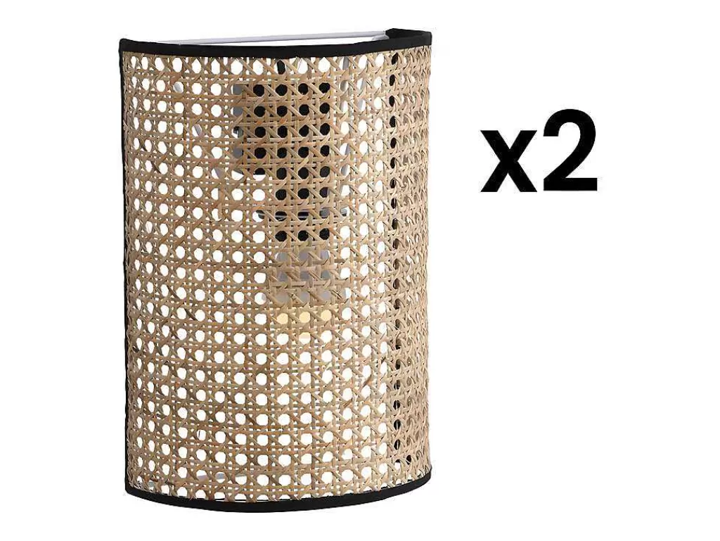 Candeeiro De Parede*OZAIA Conjunto De 2 Apliques De Parede Empalhados Estilo Etnico Ferro E Rotim A. 30 Cm, Preto E Natural - Neirobi