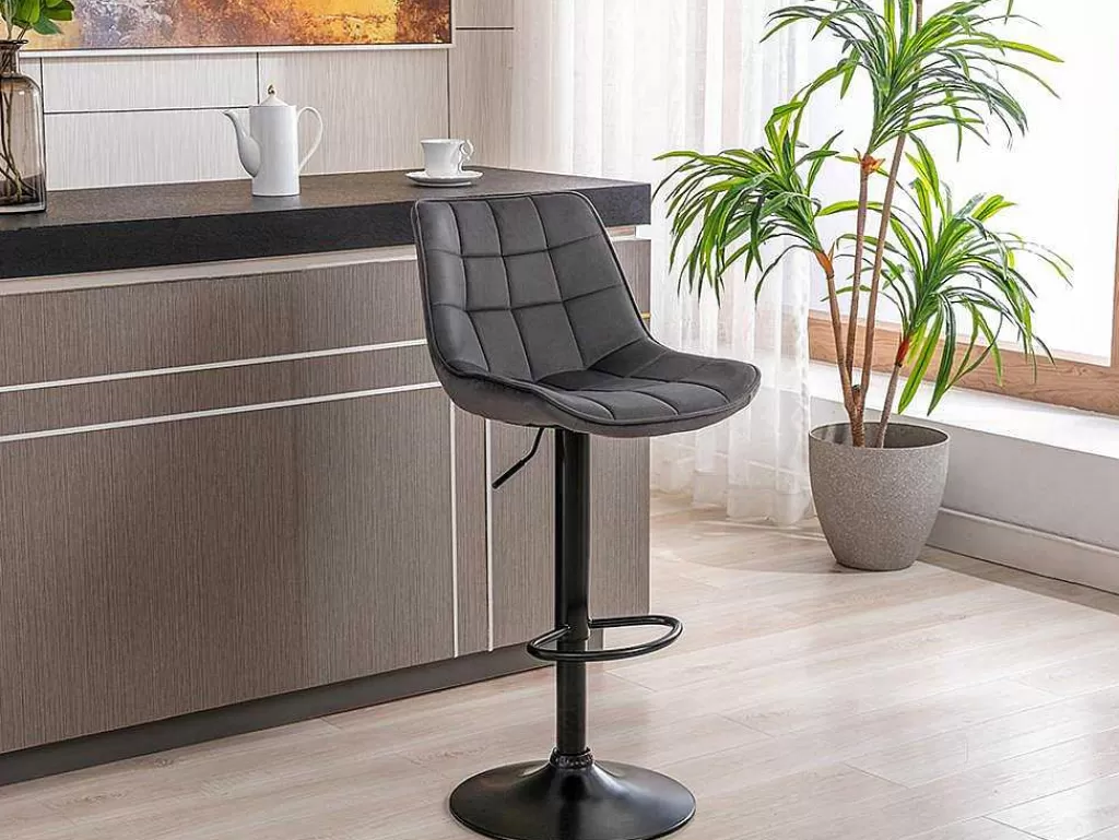 Bancos De Bar*Vente-unique Conjunto De 2 Bancos Altos Em Veludo E Metal Cor Cinza - Lima
