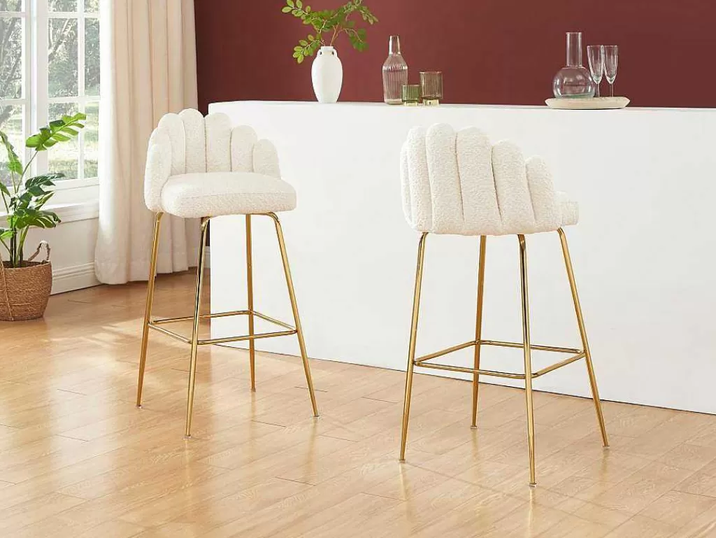 Bancos De Bar*PASCAL MORABITO Conjunto De 2 Bancos Altos Tecido Boucle E Metal Dourado, Cor Creme - Altinam De
