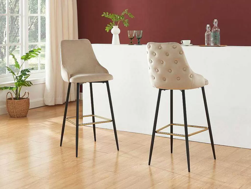 Bancos De Bar*Vente-unique Conjunto De 2 Bancos Altos Veludo E Metal Preto, Cor Bege - Vevlina