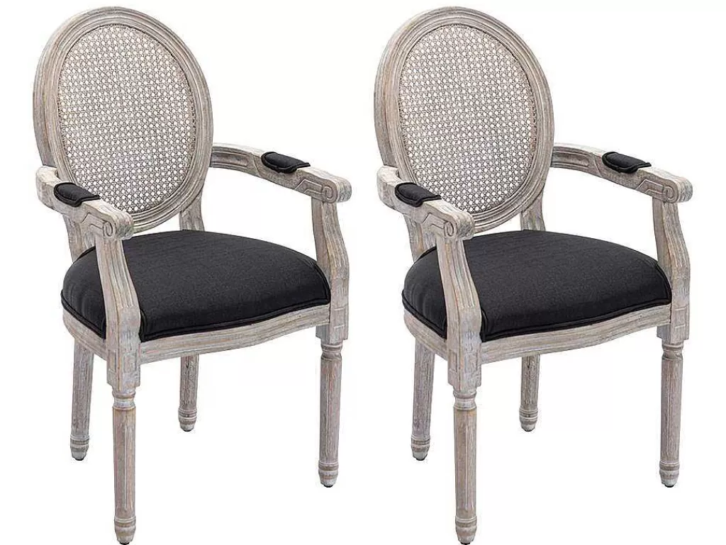 Cadeira*Vente-unique Conjunto De 2 Cadeiras Com Apoios De Bracos Empalhadas, Tecido E Madeira De Hevea Preto - Antoinette