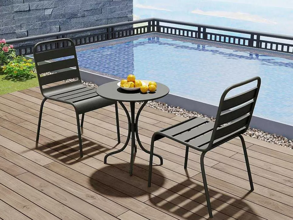 Conjunto Mesa E Cadeiras De Jardim*MYLIA Conjunto De 2 Cadeiras De Jardim Empilhaveis Em Metal Cinzento-Escuro - Mirmande