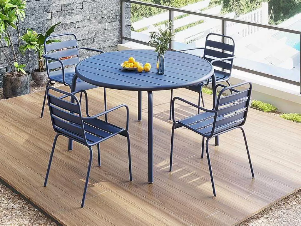 Conjunto Mesa E Cadeiras De Jardim*MYLIA Conjunto De 2 Cadeiroes De Jardim Empilhaveis Em Metal Azul-Escuro - Mirmande