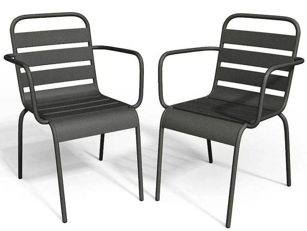 Conjunto Mesa E Cadeiras De Jardim*MYLIA Conjunto De 2 Cadeiroes De Jardim Empilhaveis Em Metal Cinzento-Escuro - Mirmande
