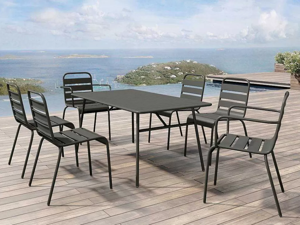 Conjunto Mesa E Cadeiras De Jardim*MYLIA Conjunto De 2 Cadeiroes De Jardim Empilhaveis Em Metal Cinzento-Escuro - Mirmande