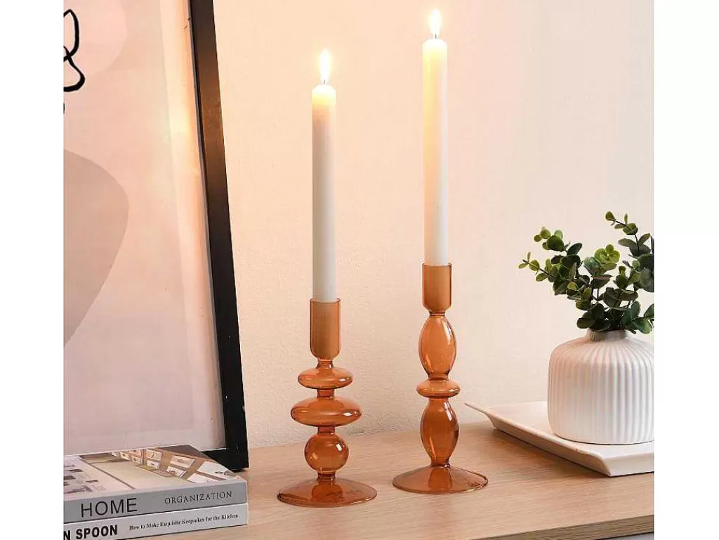 Castiçais Decorativos E Velas*OZAIA Conjunto De 2 Castiçais A. 21 E 18,5 Cm Vidro Laranja - Kandie