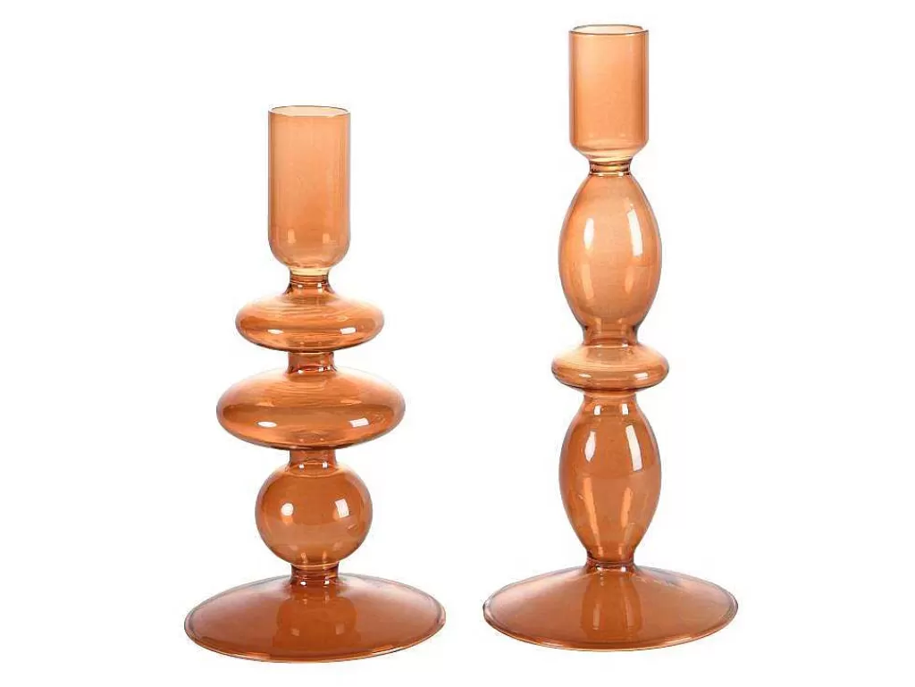 Castiçais Decorativos E Velas*OZAIA Conjunto De 2 Castiçais A. 21 E 18,5 Cm Vidro Laranja - Kandie