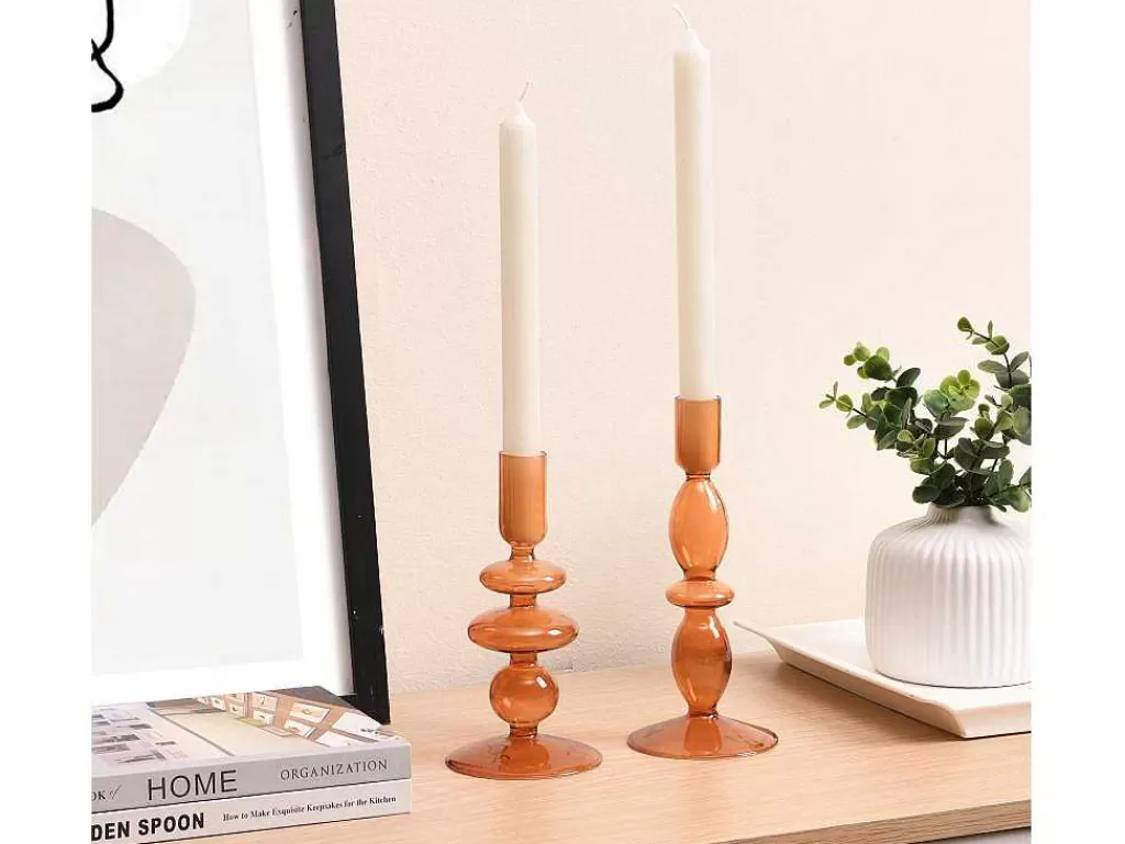 Castiçais Decorativos E Velas*OZAIA Conjunto De 2 Castiçais A. 21 E 18,5 Cm Vidro Laranja - Kandie