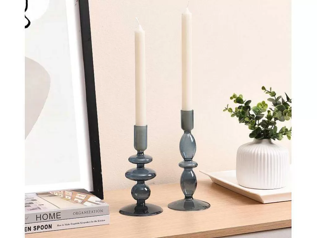 Castiçais Decorativos E Velas*OZAIA Conjunto De 2 Castiçais D. 9 X A. 21 Cm E D. 9 E A. 18,5 Cm Vidro Azul - Kandie