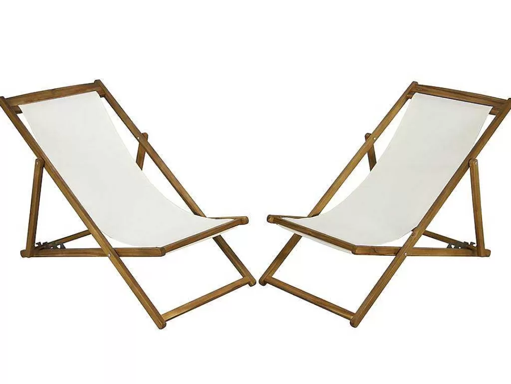 Espreguiçadeira*MYLIA Conjunto De 2 Espreguiçadeiras Chilenas Dobraveis Em Acacia Cor Branco E Natural - Prato
