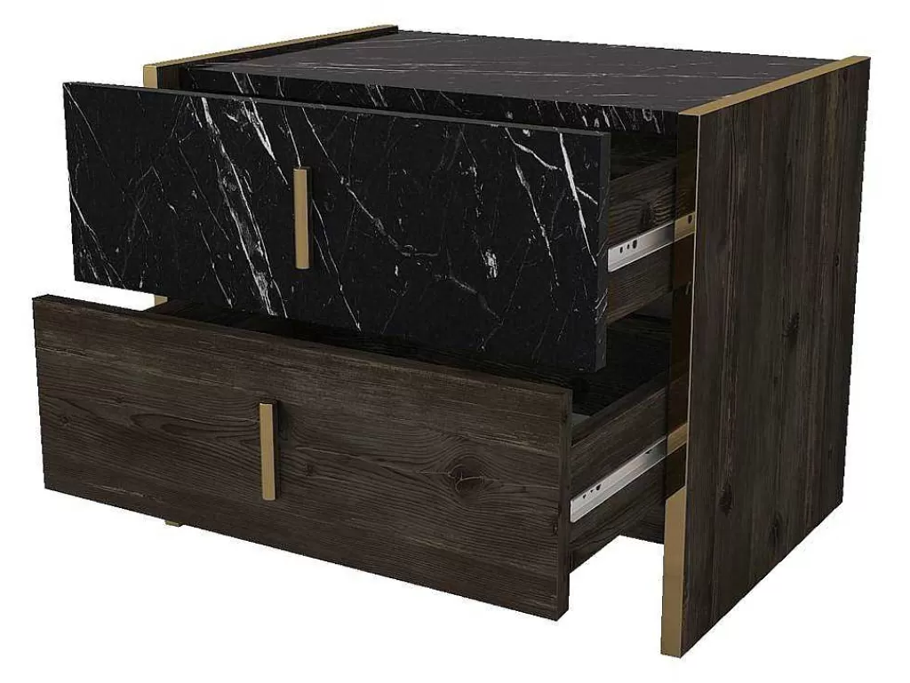 Mesa De Cabeceira*Vente-unique Conjunto De 2 Mesas De Cabeceira, 2 Gavetas, Efeito Marmore Preto, Natural E Dourado - Cabeda