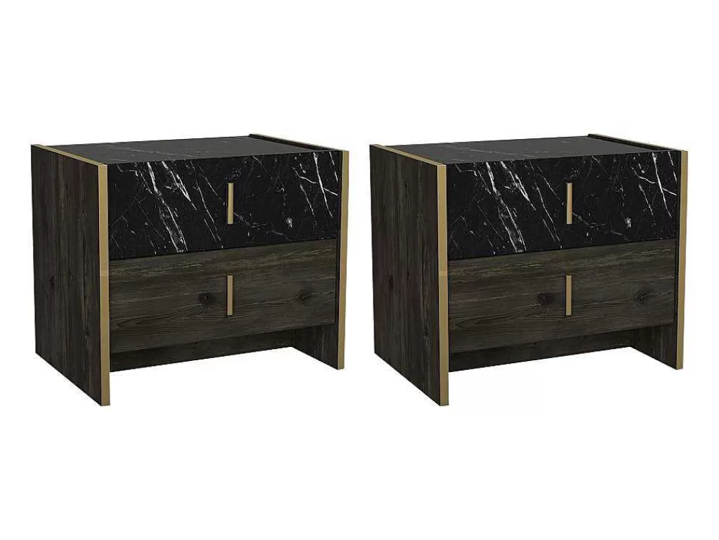 Mesa De Cabeceira*Vente-unique Conjunto De 2 Mesas De Cabeceira, 2 Gavetas, Efeito Marmore Preto, Natural E Dourado - Cabeda