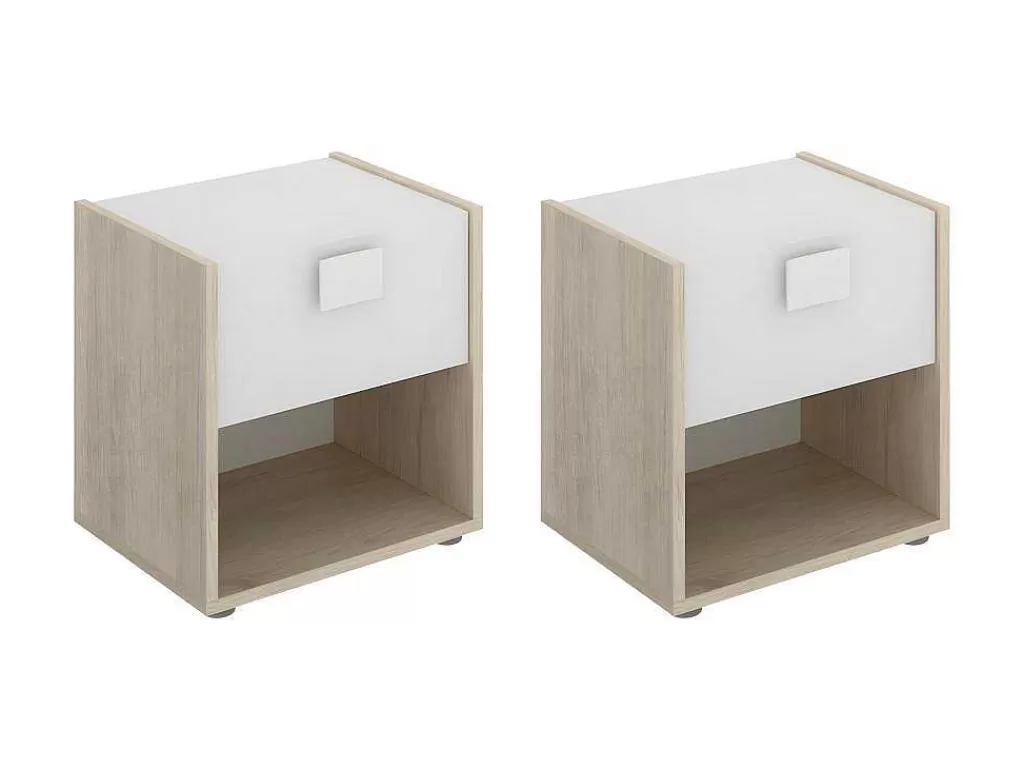 Móvel Para Quarto De Crianças*Vente-unique Conjunto De 2 Mesas De Cabeceira Com 1 Gaveta E 1 Prateleira Cor Natural E Branco - Sonia