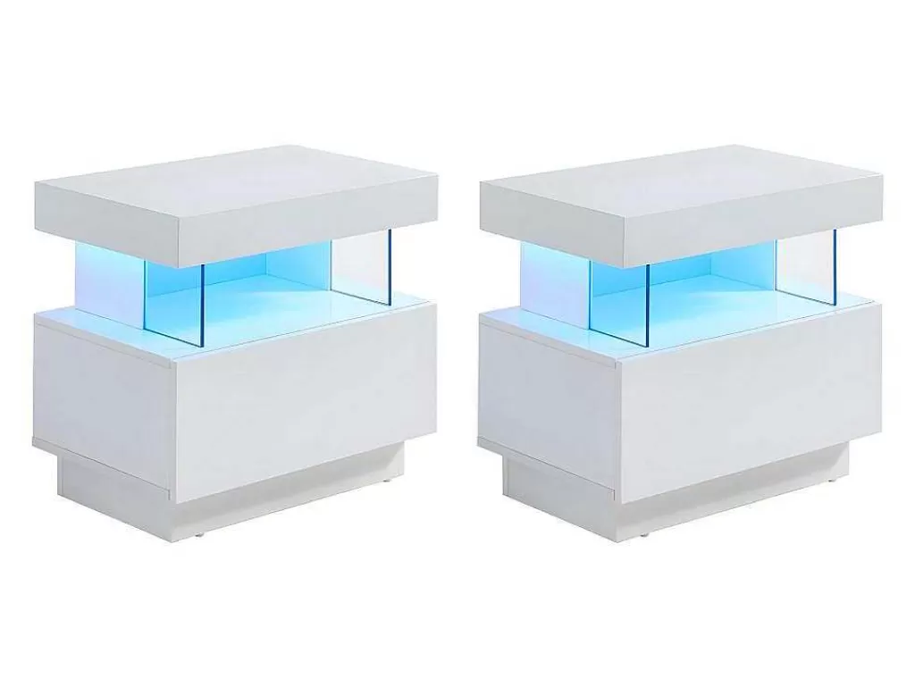 Mesa De Cabeceira*Vente-unique Conjunto De 2 Mesas De Cabeceira Com 1 Gaveta E 1 Prateleira, Leds, Mdf Lacado A Branco - Fabio Ii
