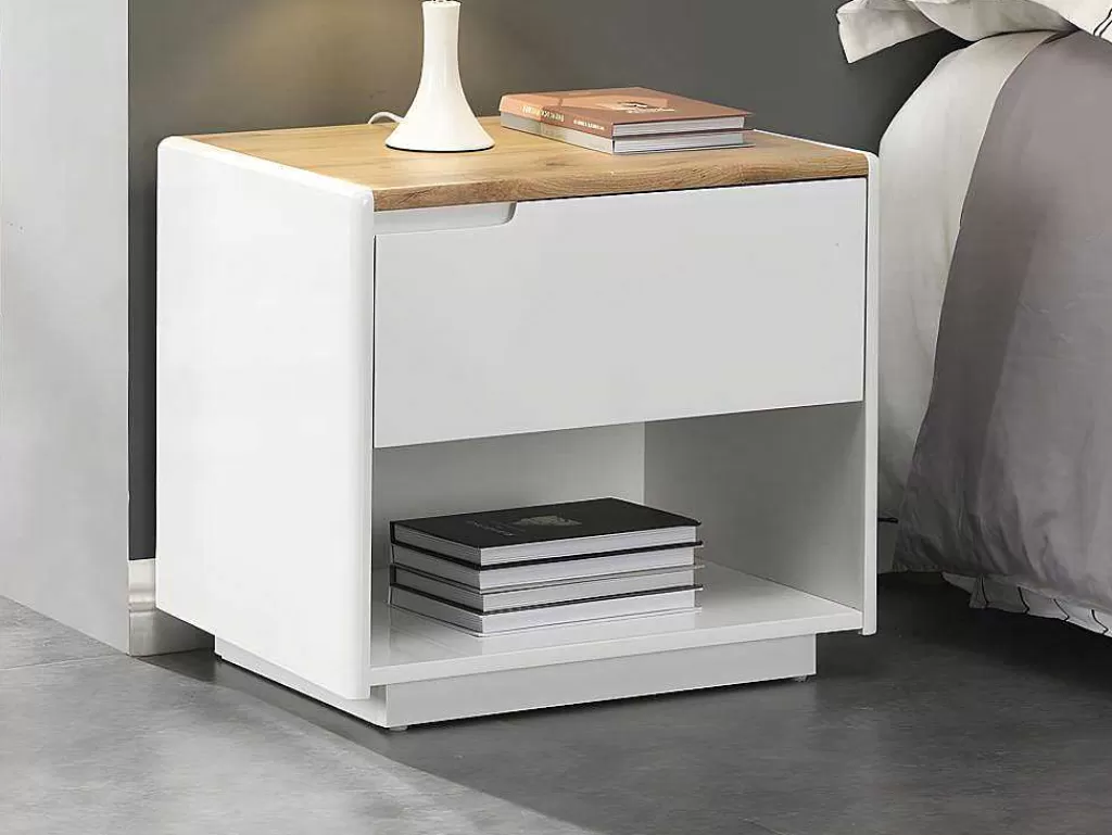 Mesa De Cabeceira*Vente-unique Conjunto De 2 Mesas De Cabeceira Com 1 Gaveta E 1 Prateleira Mdf Lacado A Branco E Carvalho - Amani