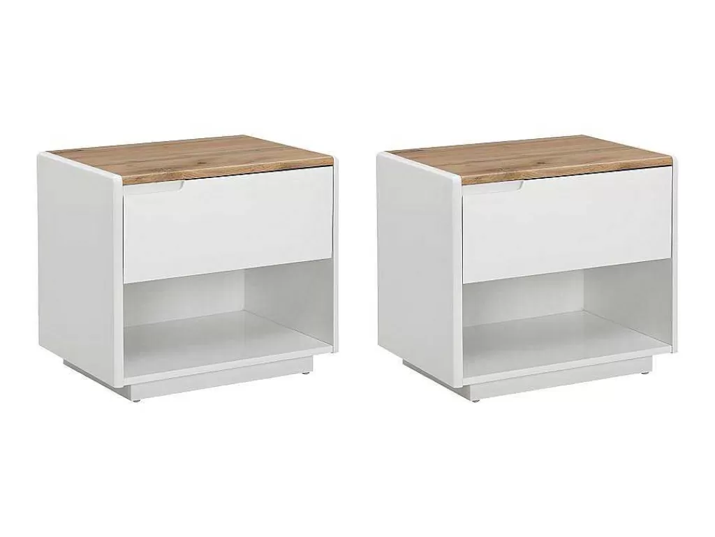 Mesa De Cabeceira*Vente-unique Conjunto De 2 Mesas De Cabeceira Com 1 Gaveta E 1 Prateleira Mdf Lacado A Branco E Carvalho - Amani