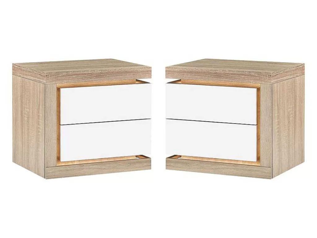 Mesa De Cabeceira*Vente-unique Conjunto De 2 Mesas De Cabeceira Com 2 Gavetas, Com Leds, Lacado A Branco E Natural - Flarancia