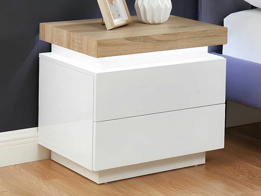Mesa De Cabeceira*Vente-unique Conjunto De 2 Mesas De Cabeceira Com 2 Gavetas Mdf Lacado, Leds, Cor Branco E Carvalho - Halo Ii