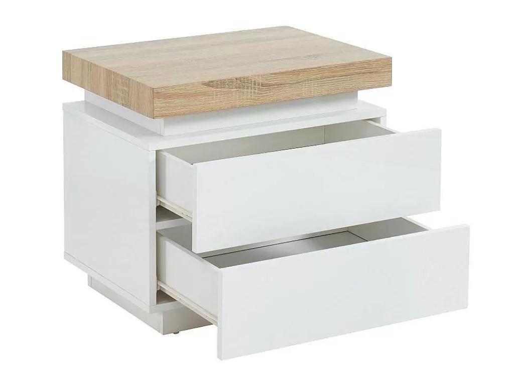 Mesa De Cabeceira*Vente-unique Conjunto De 2 Mesas De Cabeceira Com 2 Gavetas Mdf Lacado, Leds, Cor Branco E Carvalho - Halo Ii