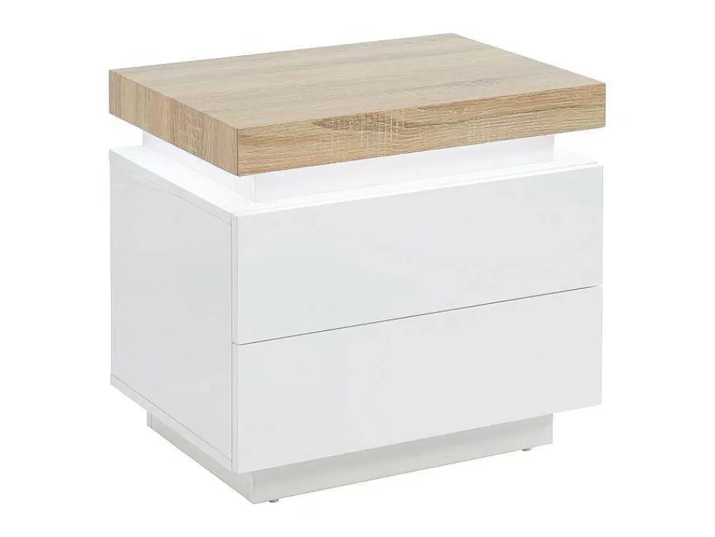Mesa De Cabeceira*Vente-unique Conjunto De 2 Mesas De Cabeceira Com 2 Gavetas Mdf Lacado, Leds, Cor Branco E Carvalho - Halo Ii