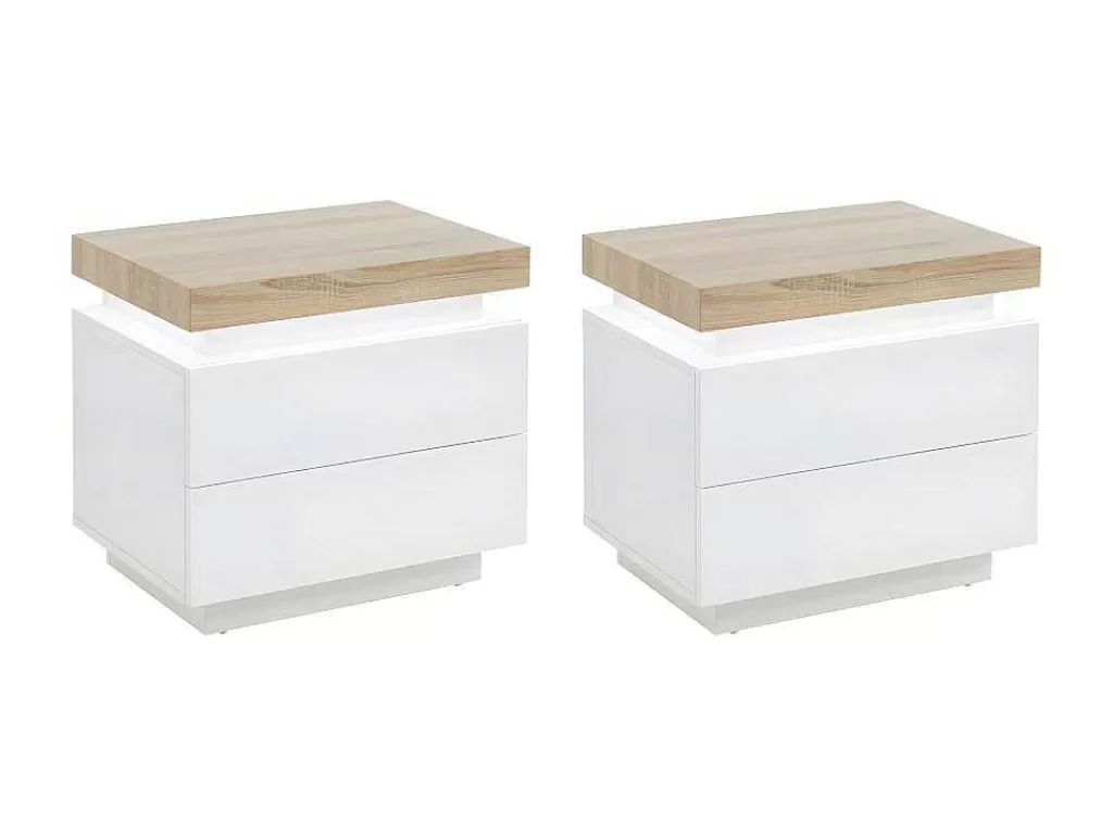 Mesa De Cabeceira*Vente-unique Conjunto De 2 Mesas De Cabeceira Com 2 Gavetas Mdf Lacado, Leds, Cor Branco E Carvalho - Halo Ii