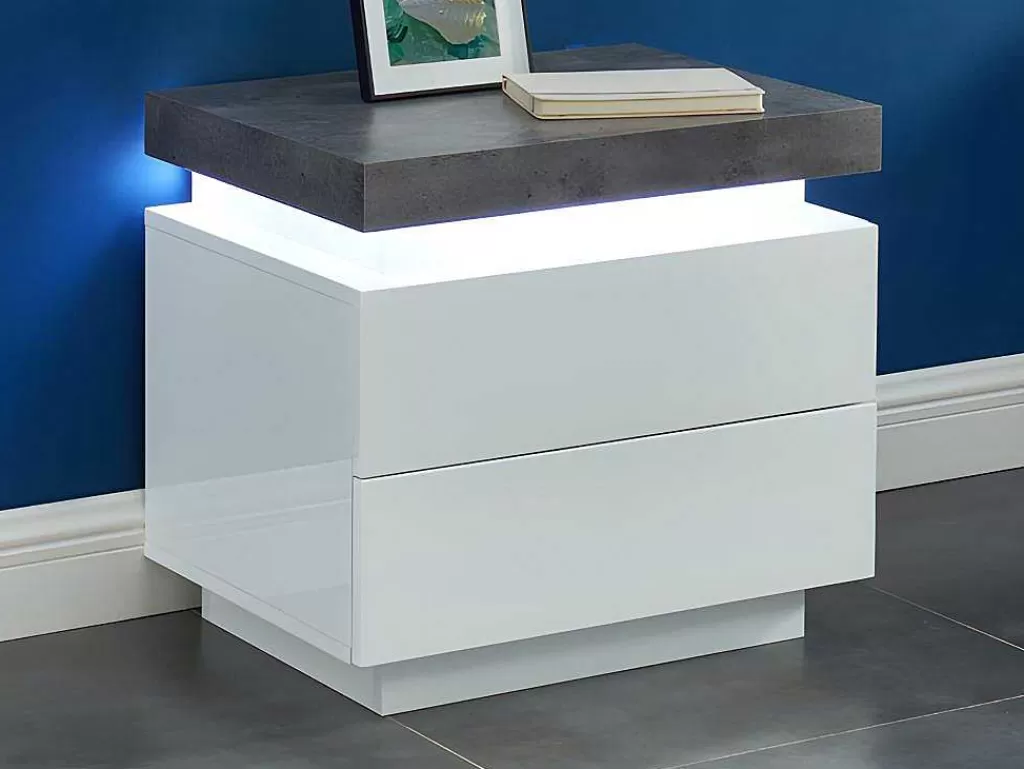 Mesa De Cabeceira*Vente-unique Conjunto De 2 Mesas De Cabeceira Com 2 Gavetas Mdf Lacado, Leds, Cor Branco E Cinzento-Cimento - Halo Ii