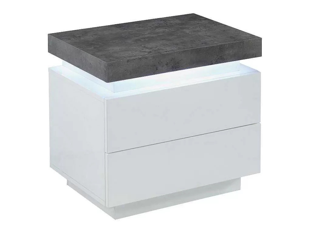 Mesa De Cabeceira*Vente-unique Conjunto De 2 Mesas De Cabeceira Com 2 Gavetas Mdf Lacado, Leds, Cor Branco E Cinzento-Cimento - Halo Ii