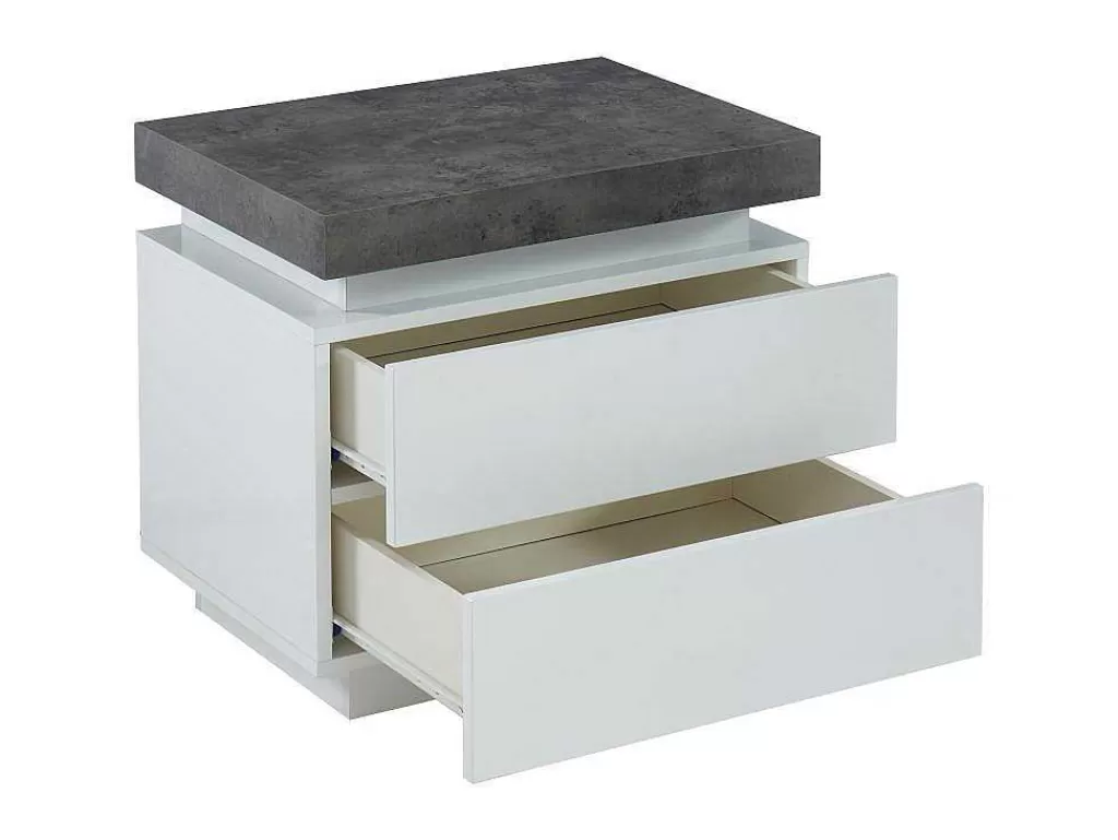 Mesa De Cabeceira*Vente-unique Conjunto De 2 Mesas De Cabeceira Com 2 Gavetas Mdf Lacado, Leds, Cor Branco E Cinzento-Cimento - Halo Ii