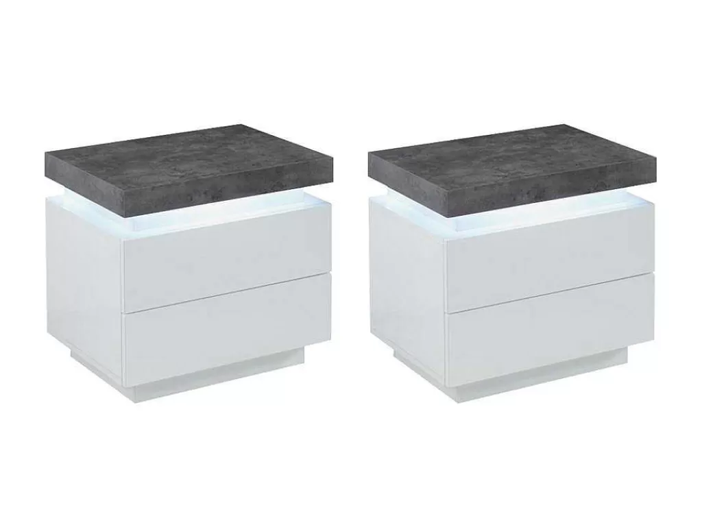 Mesa De Cabeceira*Vente-unique Conjunto De 2 Mesas De Cabeceira Com 2 Gavetas Mdf Lacado, Leds, Cor Branco E Cinzento-Cimento - Halo Ii