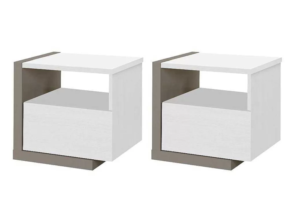 Mesa De Cabeceira*Vente-unique Conjunto De 2 Mesas De Cabeceira Escandinavas, 1 Gaveta E 1 Prateleira, Branco E Cinza Taupe - Napoli