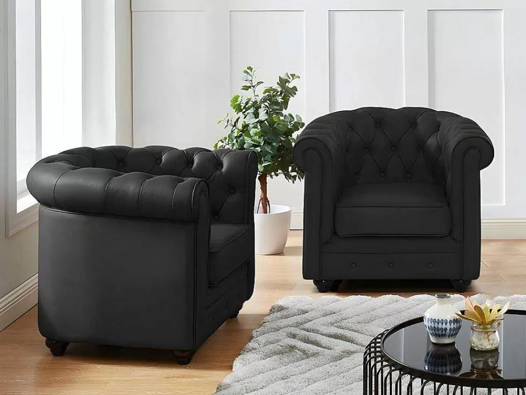 Poltrona Em Pele*Vente-unique Conjunto De 2 Poltronas Em Pele De Bufalo - Preto - Chesterfield