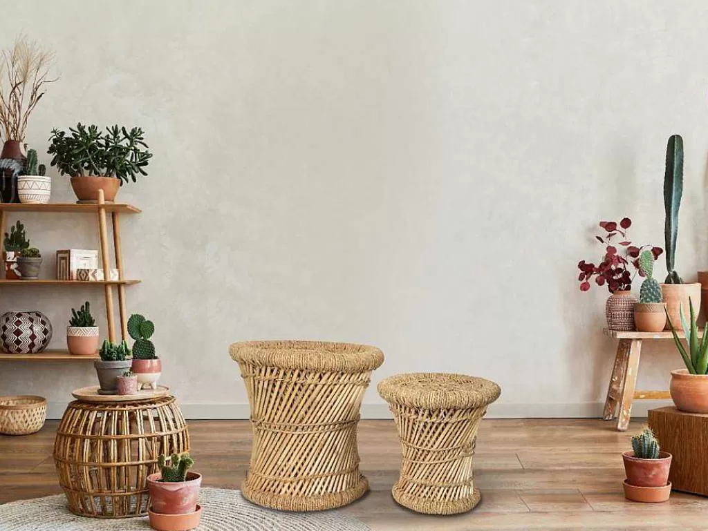Puff*Vente-unique Conjunto De 2 Pufes Redondos Em Rotim Natural Claro - Mirtaka